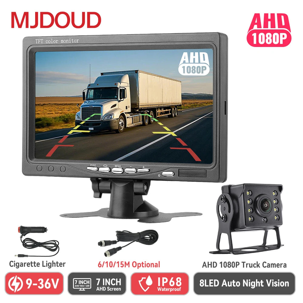 MJDOUD AHD 1080P Rear View Camera with Monitor 7" Screen 12-24V Night Vision Waterproof Front Reversing Set for Truck Parking - Winter Seller Hub