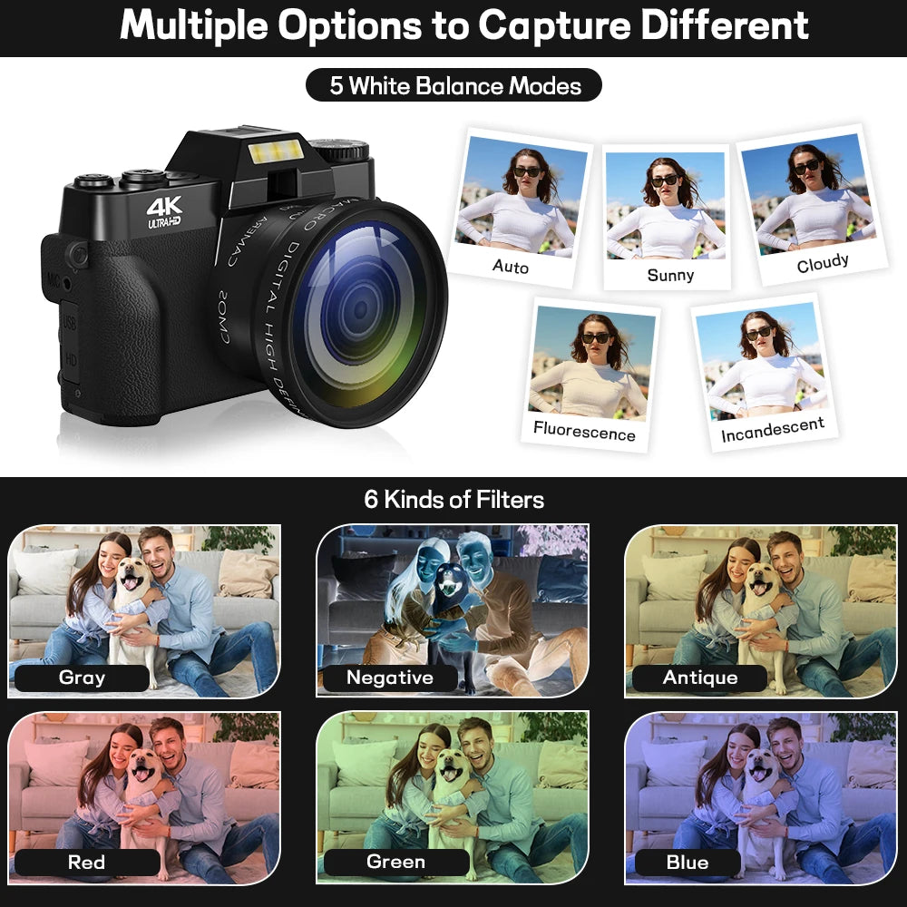 Compact Digital Photography Camera 4K WIFI Webcam Retro Vlog Recorder YouTube 64MP Camcorder 3 Inch Flip Screen Wide Angle Lens - Winter Seller Hub