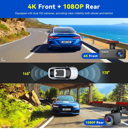 Soam 4K Ultra HD Dash Cam Car DVR Recorder Front and Rear Cam 170° wide Angle WIFI GPS Car Camera WDR Night Vision APP control - Winter Seller Hub