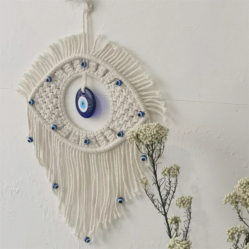 Handwoven Evil Eye Wall Tapestry – Blue Cotton Macramé Decor - Winter Seller Hub