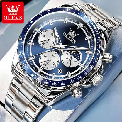 OLEVS 2945 Quartz Watch – Stainless Steel, Moon Phase, 3 Bar - Winter Seller Hub