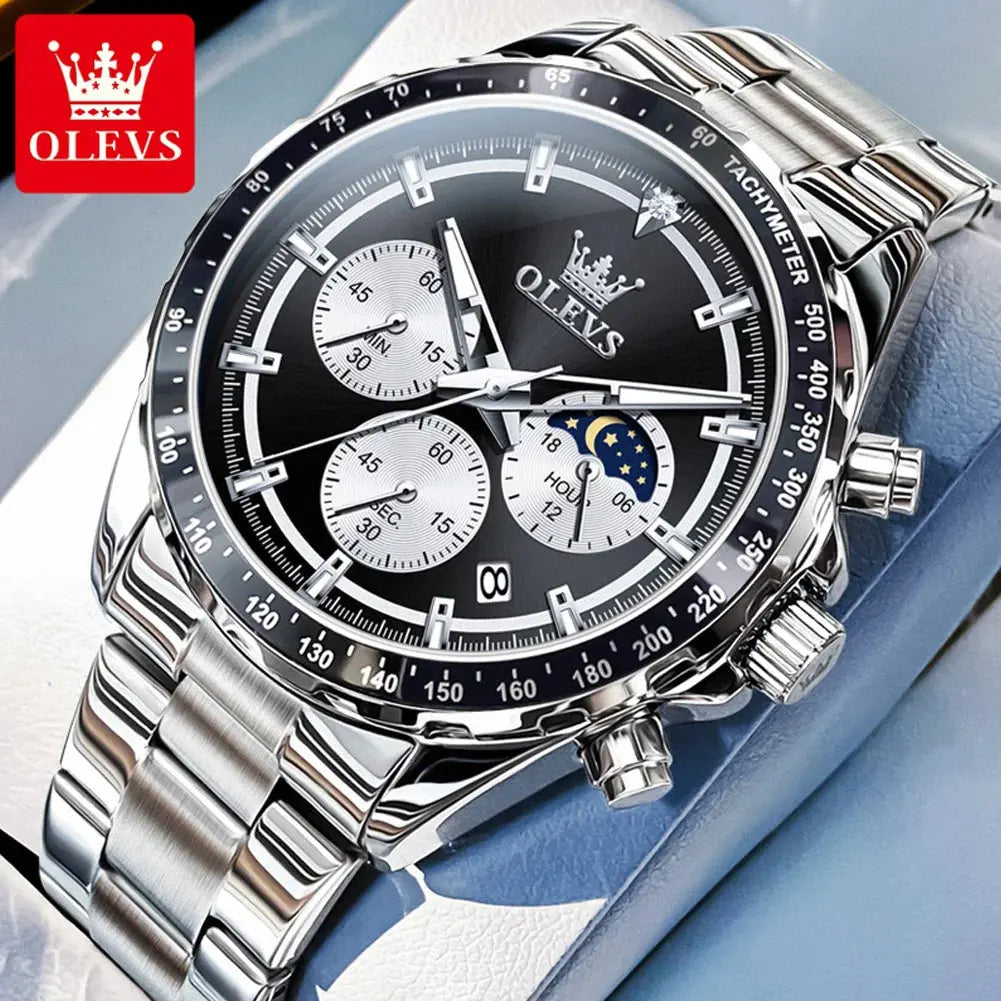 OLEVS 2945 Quartz Watch – Stainless Steel, Moon Phase, 3 Bar - Winter Seller Hub
