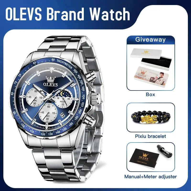 OLEVS 2945 Quartz Watch – Stainless Steel, Moon Phase, 3 Bar - Winter Seller Hub