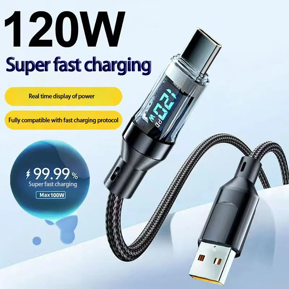 120W USB to Type C Cable Phone Super Fast Charging Cable With LED Display 100W Type-C To Type-C Data Cord For Huawei Oppo Vivo - Winter Seller Hub
