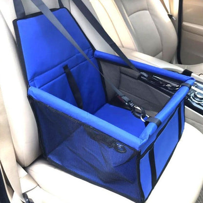 Blue dog travel car seat carrier with mesh sides and black straps for secure pet car safety and comfort