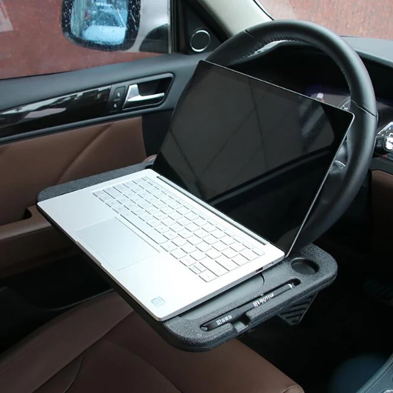 Black textured car steering wheel tray laptop desk with integrated cup holder and pen slot universal portable design