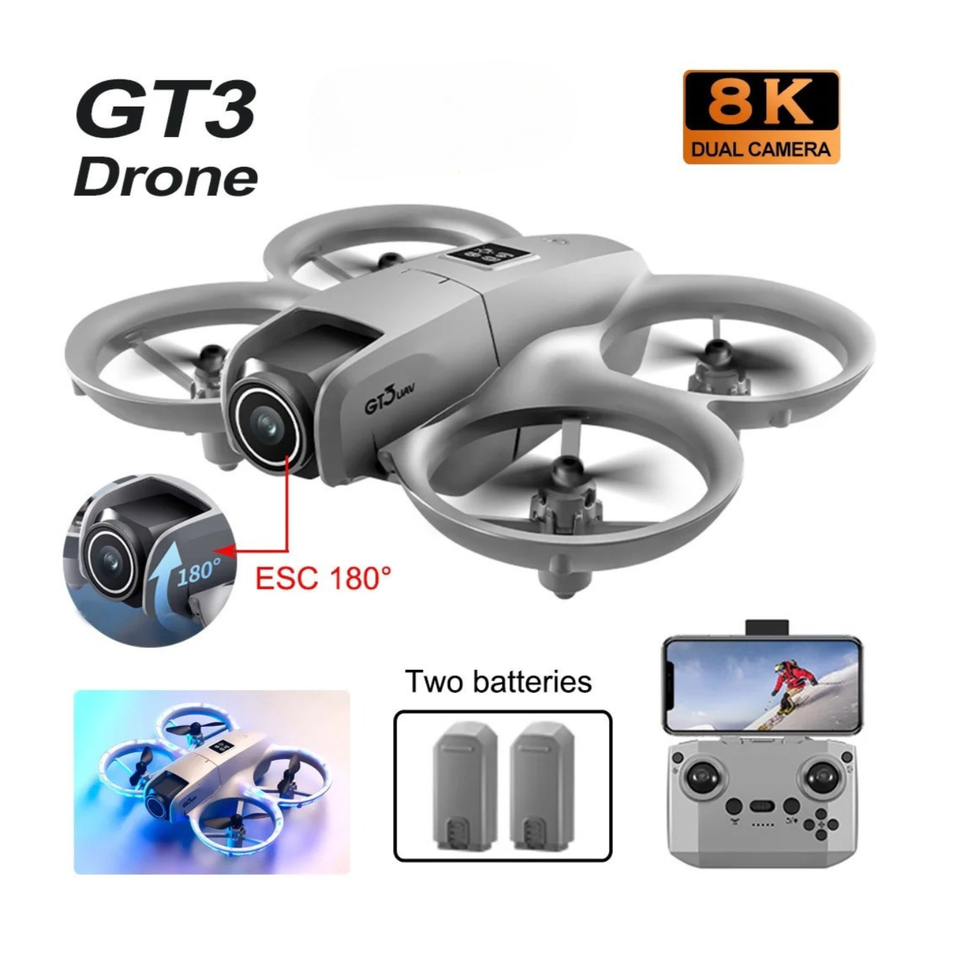 GT3 Drone with 8K dual camera, ESC 180° feature, and two batteries on a white background.