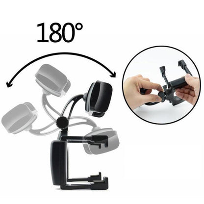Black plastic 180-degree rotating phone mount with adjustable clamps for 360° rearview mirror phone holder