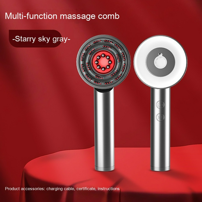 Starry sky gray multi-function comb scalp massager with metallic finish and red illuminated center for scalp care