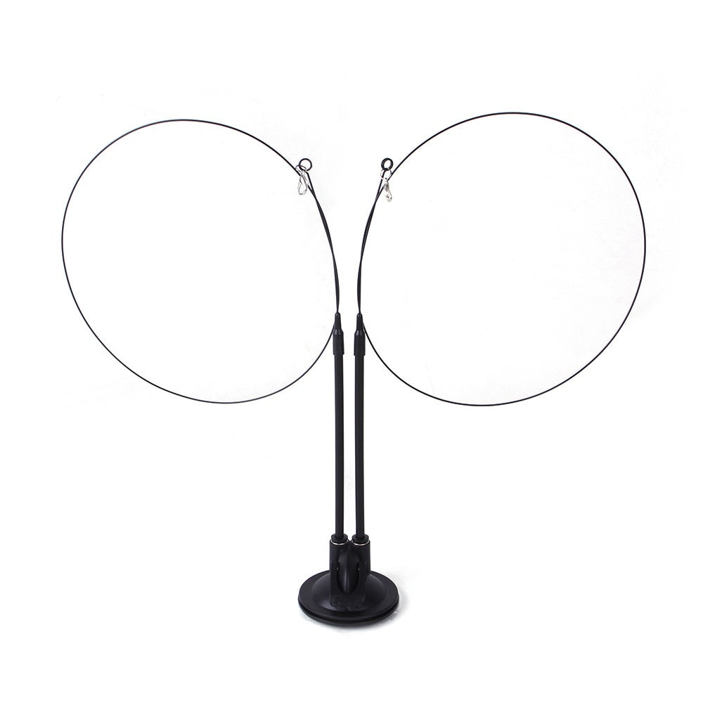 Black circular wire display stand with two adjustable arms and sturdy base for cat sucker teaser toy display
