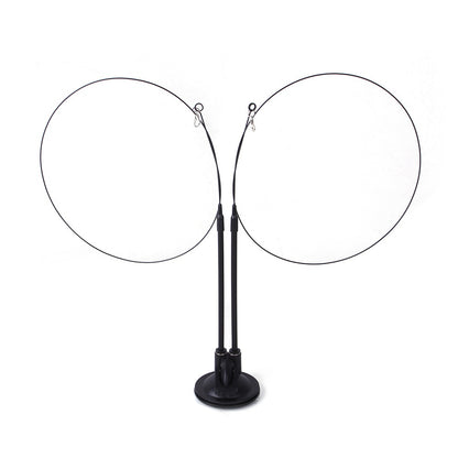 Black circular wire display stand with two adjustable arms and sturdy base for cat sucker teaser toy display