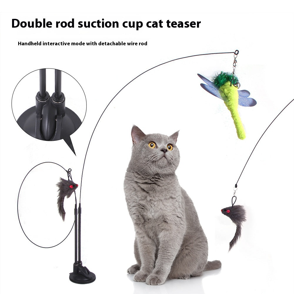 Black double rod suction cup cat teaser toy with detachable wire rods and colorful dangling toys for cat play
