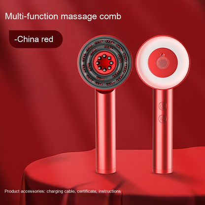 Red multi-function scalp massager comb with sleek metallic handle and circular head with embedded red led lights