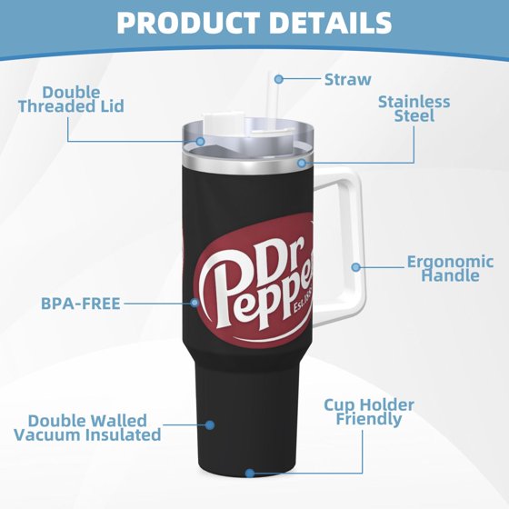 Dr Pepper 40oz Insulated Tumbler with Handle & Straw | Stainless Steel Travel Cup