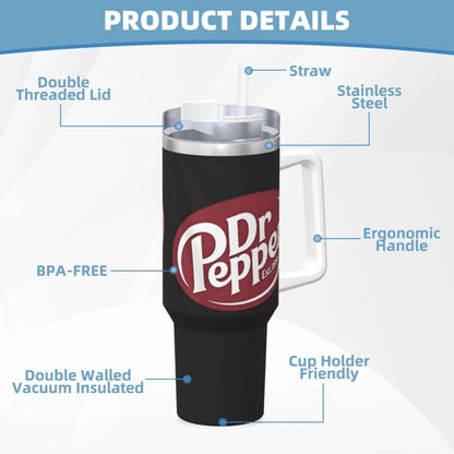 Dr Pepper 40oz Insulated Tumbler with Handle & Straw | Stainless Steel Travel Cup