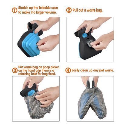 Blue and black foldable dog waste poop picker tool with retractable handle for easy pet waste cleanup
