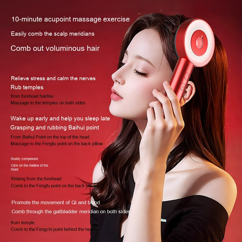 Red and white handheld comb scalp massager with circular head and sleek cylindrical handle for head massage