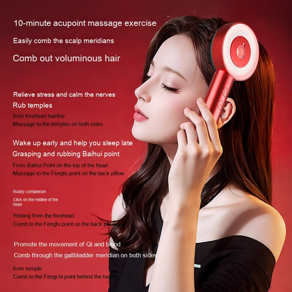 Red and white handheld comb scalp massager with circular head and sleek cylindrical handle for head massage