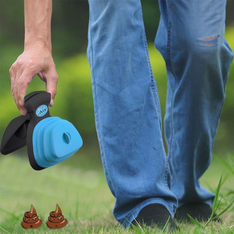 Blue and black collapsible pet waste bag dispenser with circular clip for dog waste poop picker tool use