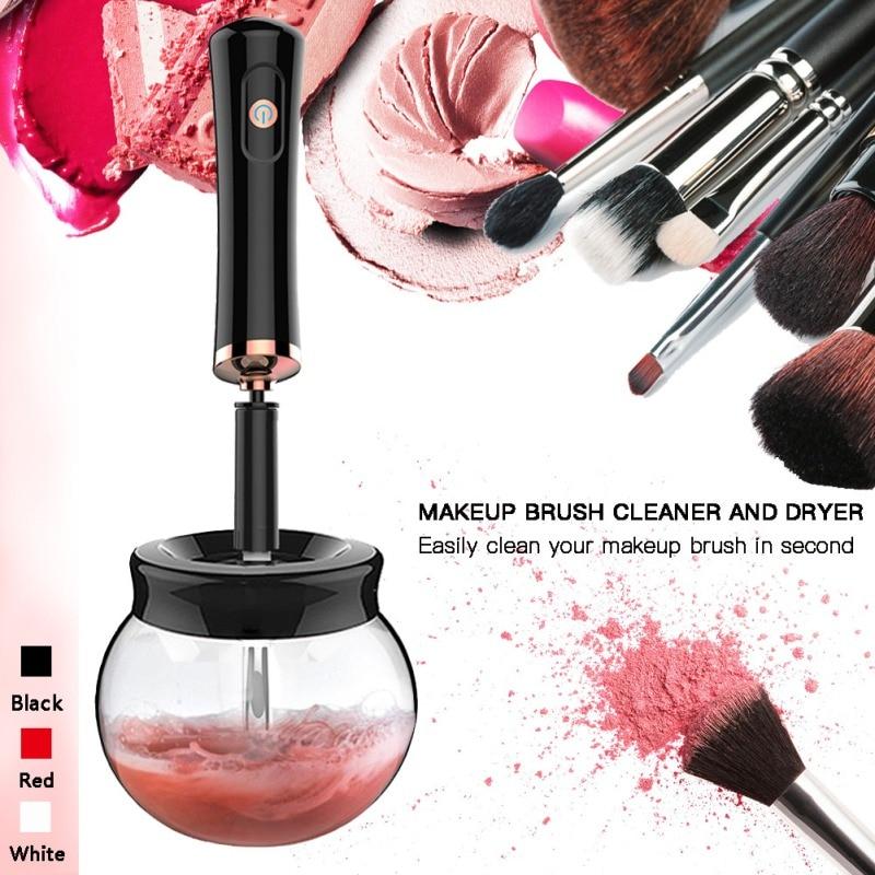 Black electric makeup brush cleaner and dryer with sleek modern design and transparent glass base filled with cleaning solution