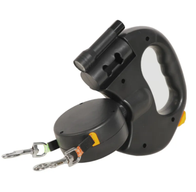 Black auto double dog leash with retractable nylon strap built-in flashlight and dual metal clips for walking two dogs