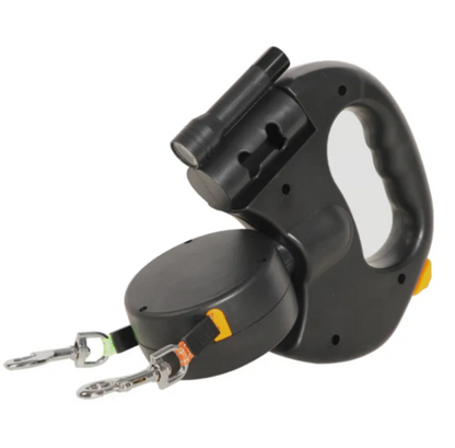 Black auto double dog leash with retractable nylon strap built-in flashlight and dual metal clips for walking two dogs