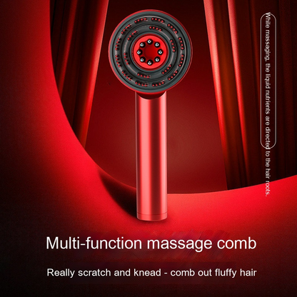 Red metallic multi-function scalp massager comb with circular head featuring red led lights and black massage nodes