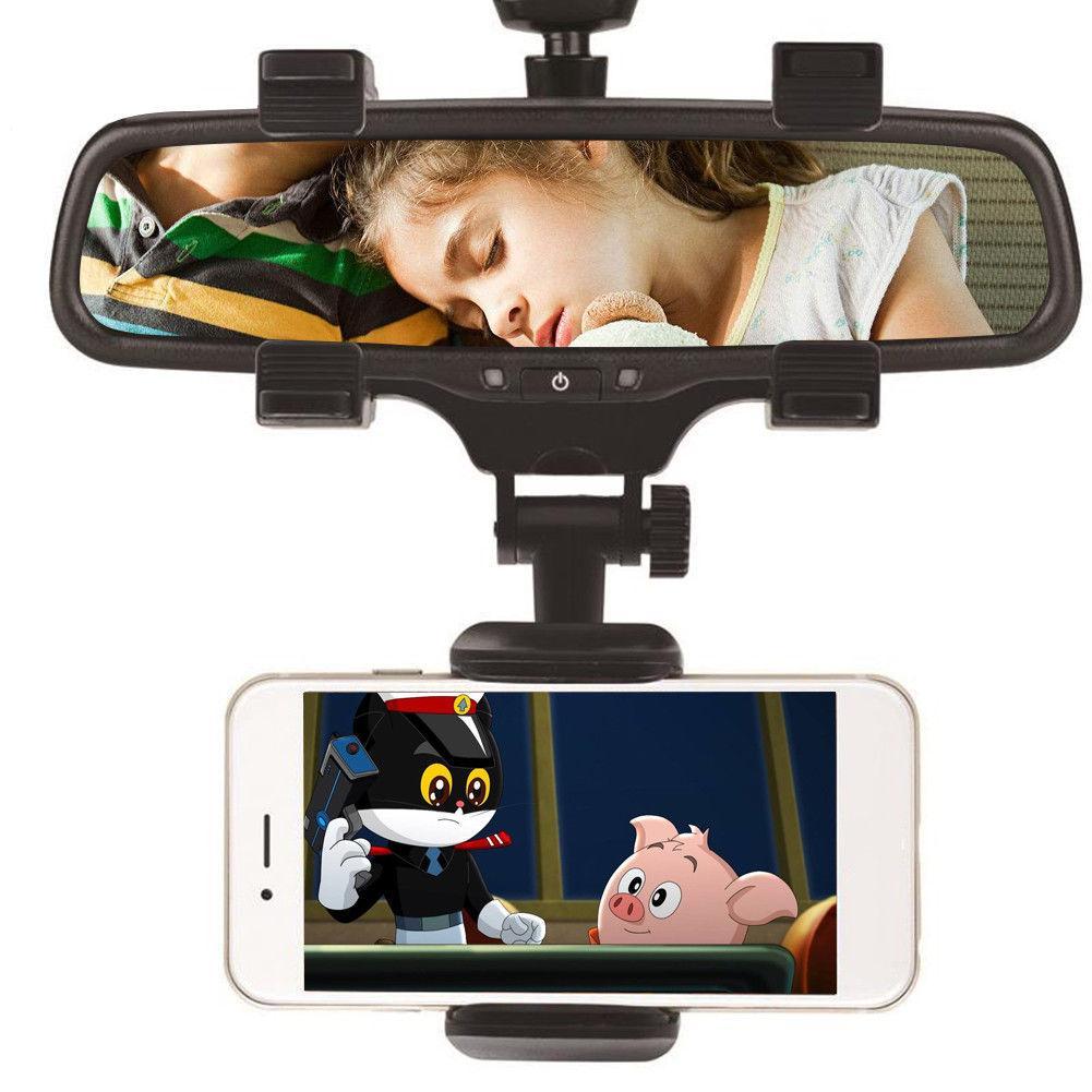 Black adjustable 360° rearview mirror phone holder mount made of durable material for secure car use
