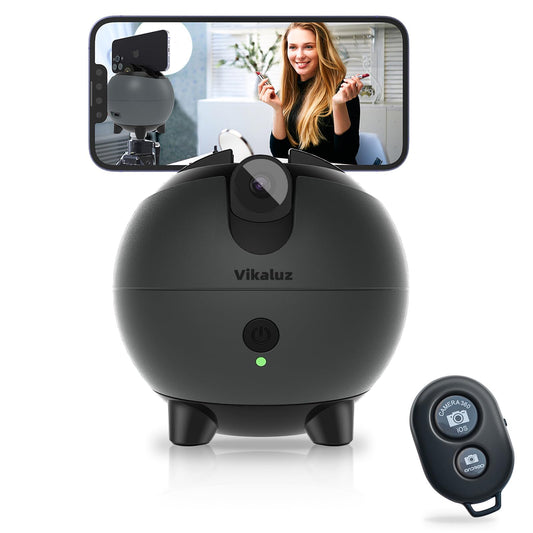 Black spherical vikaluz 360-degree camera with remote for ai face tracking phone holder in matte finish