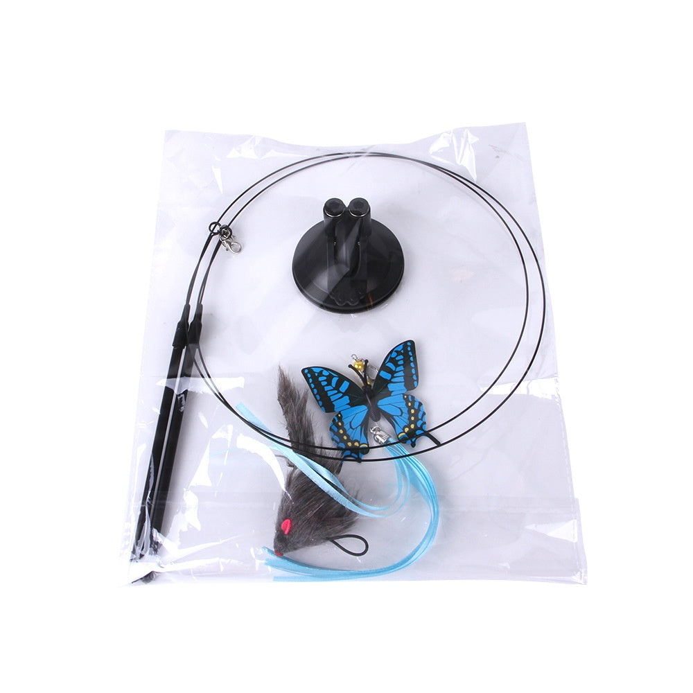 Blue and black butterfly-shaped cat sucker teaser toy with feather tail and dangling blue ribbon for cats