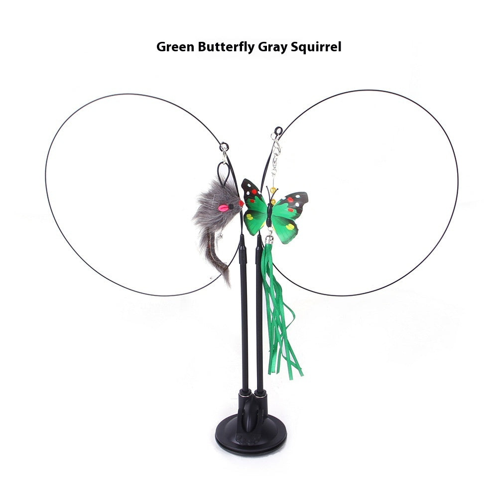 Green butterfly and gray squirrel cat sucker teaser toy with dangling feathers on a black stand for playtime