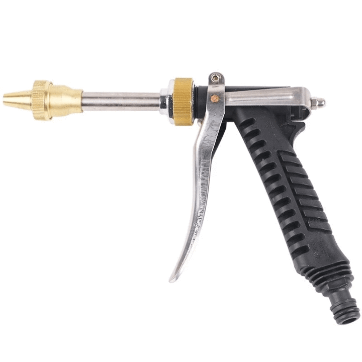 High-pressure car wash spray gun with black and brass hose nozzle textured grip metallic trigger and adjustable spray tip