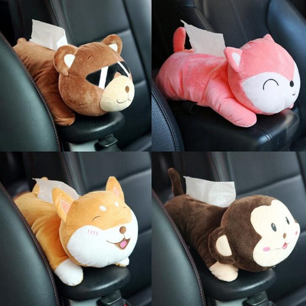 Plush hanging monkey tissue holders in brown pink orange and dark brown with embroidered facial features
