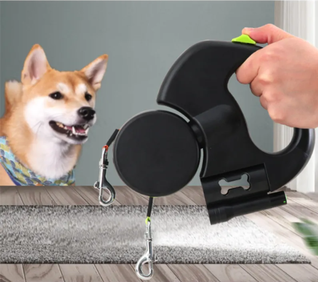Auto double dog leash retractable black with lime green accents and bone shaped handle for walking two dogs