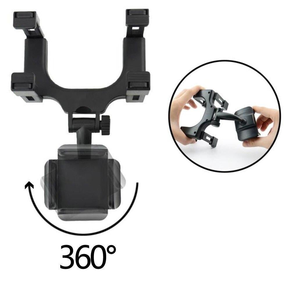 Black plastic 360° rearview mirror phone holder with adjustable rotation and clip-on arms for secure mounting