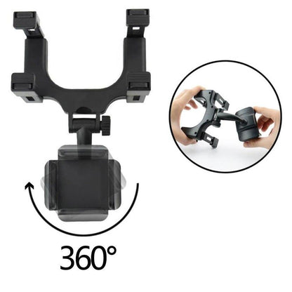 Black plastic 360° rearview mirror phone holder with adjustable rotation and clip-on arms for secure mounting