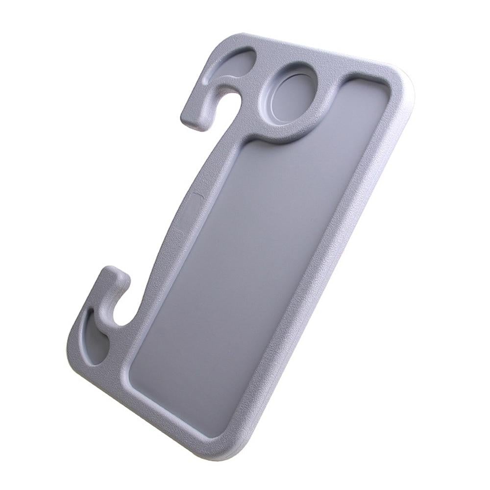 Gray plastic car phone holder with integrated hook and circular cutout for universal portable steering wheel tray