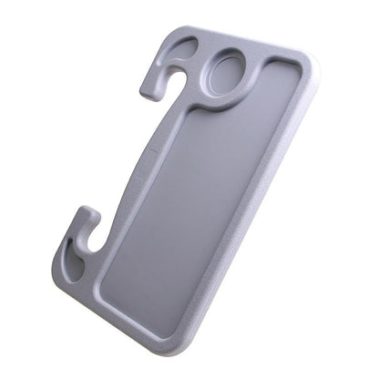 Gray plastic car phone holder with integrated hook and circular cutout for universal portable steering wheel tray