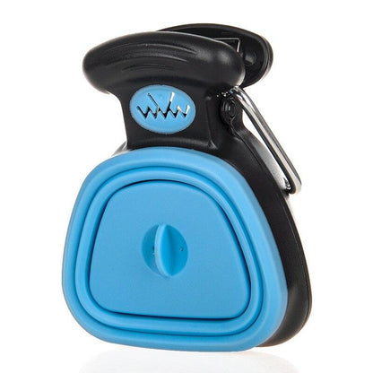 Blue and black collapsible dog waste poop picker tool with clip and carabiner for convenient pet waste disposal