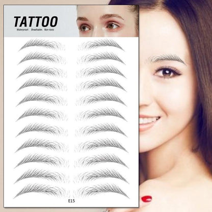 Temporary black 4D waterproof eyebrow tattoo stickers on white sheet labeled e15 breathable and non toxic