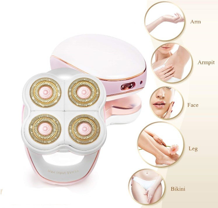 Pink and white electric razor with four gold-toned circular heads for multi-area grooming flawless leg hair remover for women