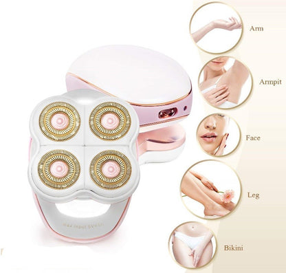 Pink and white electric razor with four gold-toned circular heads for multi-area grooming flawless leg hair remover for women