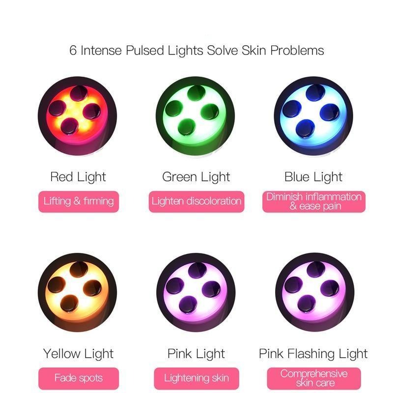 Six 5-in-1 face massager devices emitting red, green, blue, yellow, pink, and pink flashing light for skin treatment