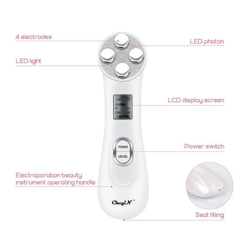 White cheyi-n 5-in-1 face massager device with four silver electrodes led light and photon technology for facial beauty