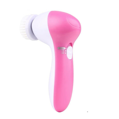 Pink and white 5 in 1 electric facial cleansing brush set with soft bristle head for gentle skin exfoliation