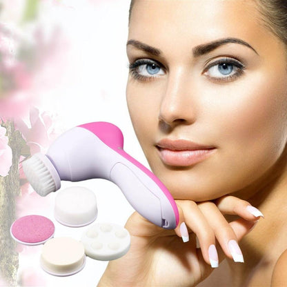 Pink and white 5 in 1 electric facial cleansing brush set with interchangeable cleaning heads for deep skin cleansing