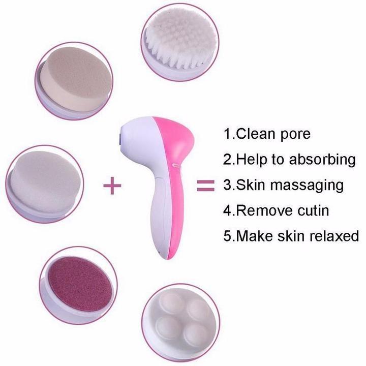 Pink and white 5 in 1 electric facial cleansing brush set with interchangeable brush heads for deep skin cleansing
