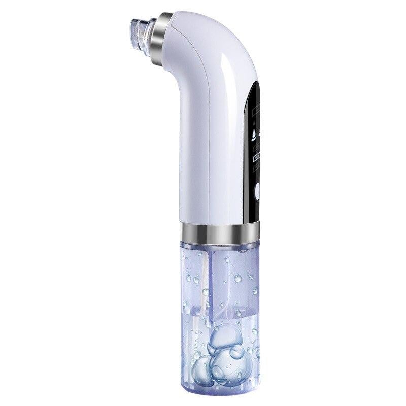 Electric blackhead vacuum remover in white and silver with a transparent blue liquid reservoir for facial cleansing