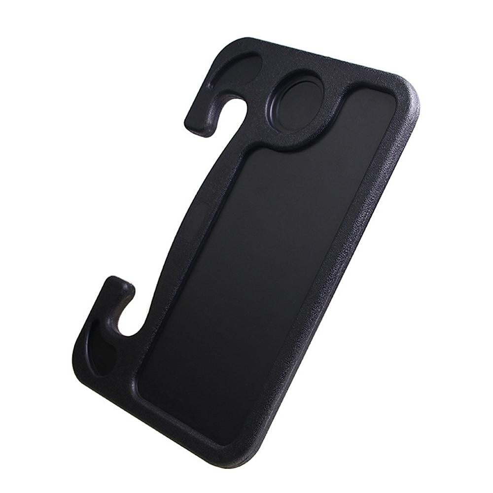 Black plastic car steering wheel tray with integrated hook and circular cutout for universal portable use