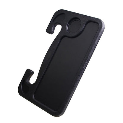 Black plastic car steering wheel tray with integrated hook and circular cutout for universal portable use